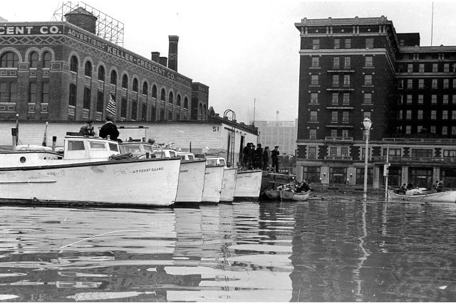 Flood of '37 - Coast Guard Boats at McCurdy Hotel (Willard Libarary)