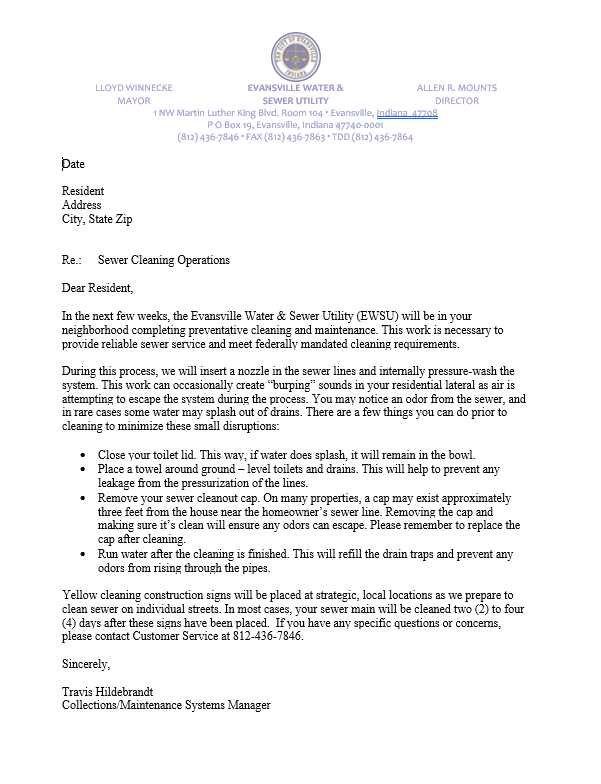 Document Center / Sample Letter Announcing Sewer Cleaning Operations with Map / City of