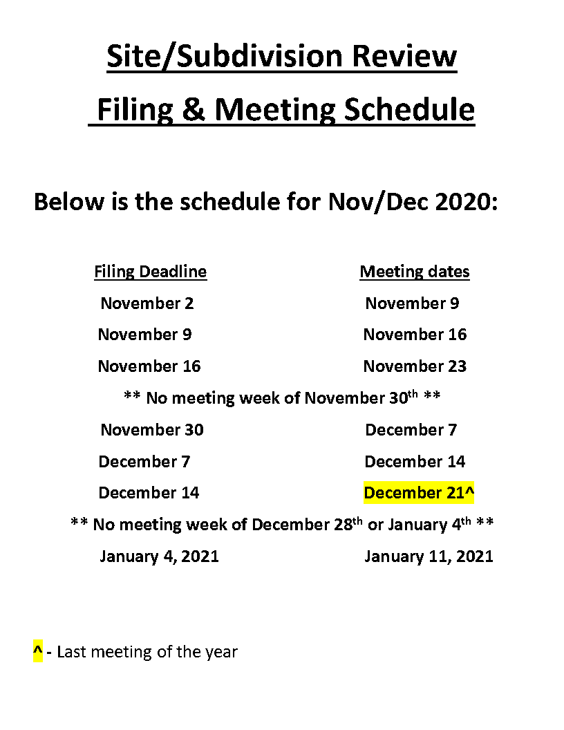 Nov/Dec 2020 Site/Subdivision Review Filing & Meeting Schedule